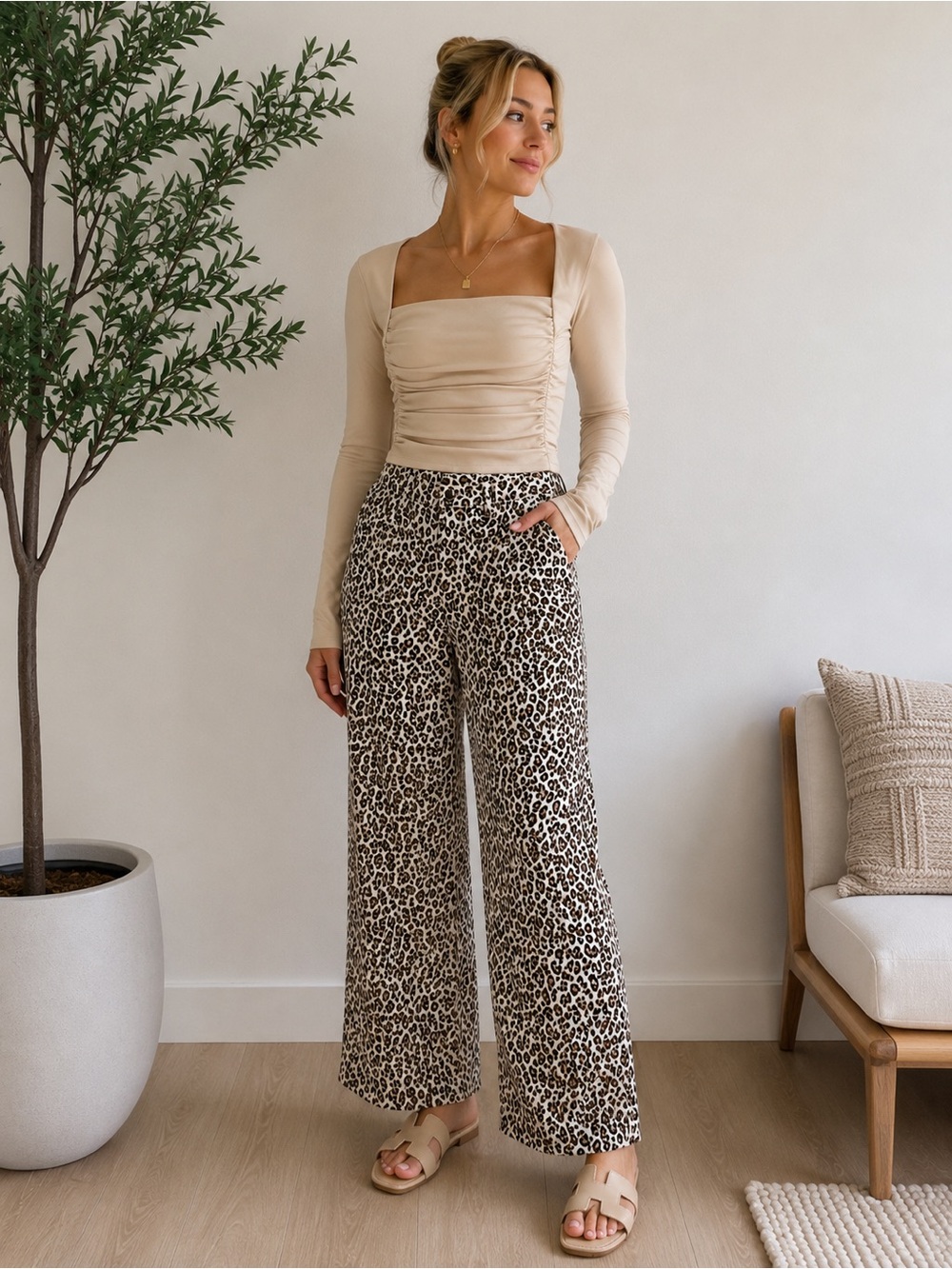 Jules & Leopold Cream Leopard Wide-Leg Joggers